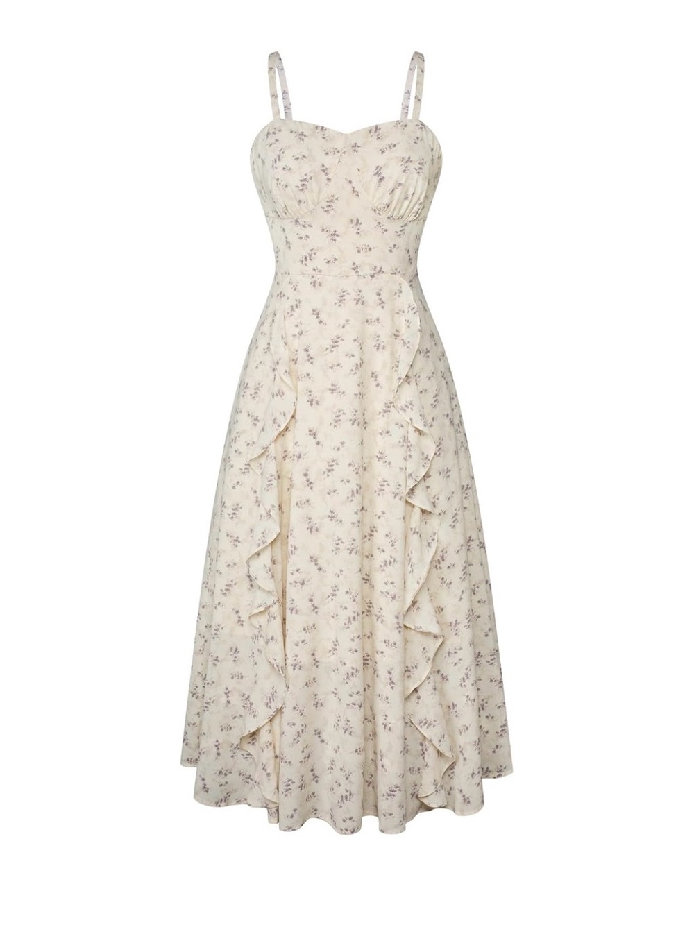 Cream Floral Ruffle Midi Dress